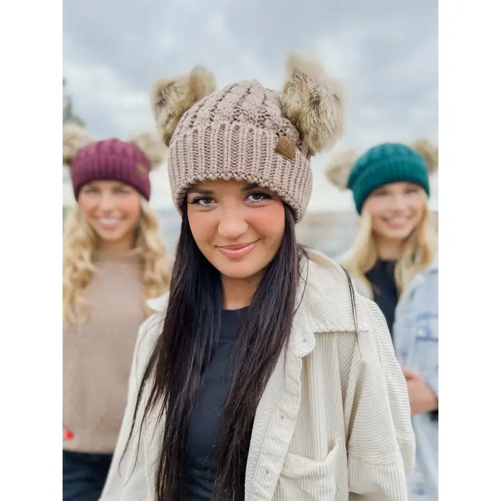 C.C Exclusive - Cable Knit Double Pom Beanie Taupe