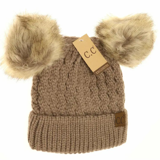 C.C Exclusive - Cable Knit Double Pom Beanie Taupe