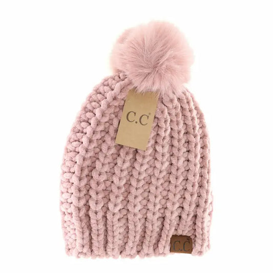 C.C Exclusive - Chenille Chunky Knit Faux Fur Pom Rose