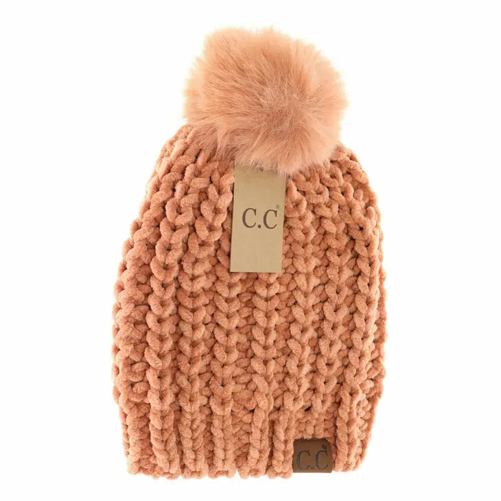 C.C Exclusive - Chenille Chunky Knit Faux Fur Pom Sand Stone