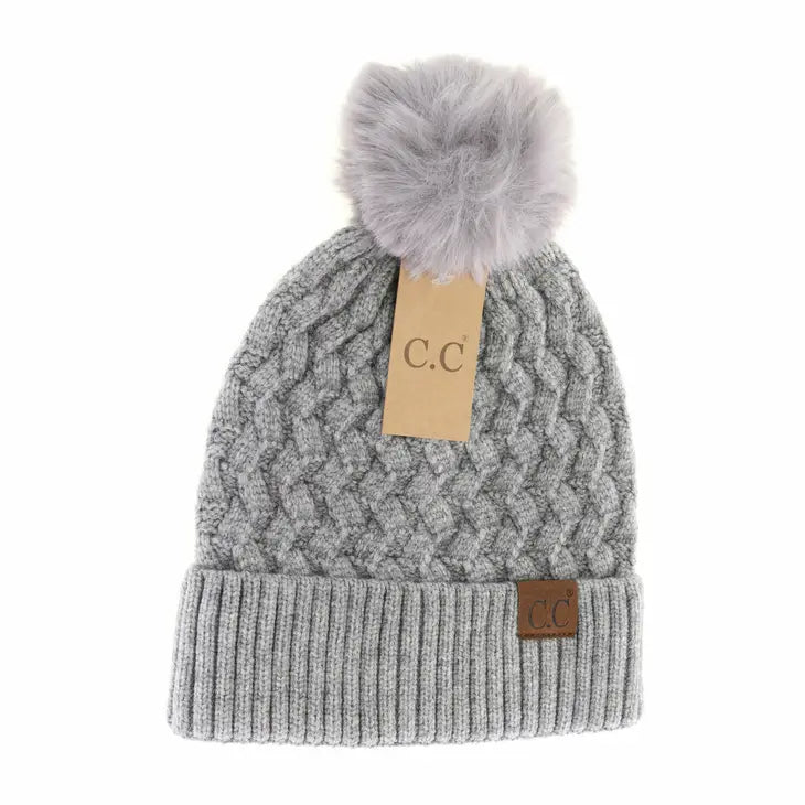 C.C Exclusive - Woven Cable Knit Cuffed Matching Fur Pom C.C Beanie