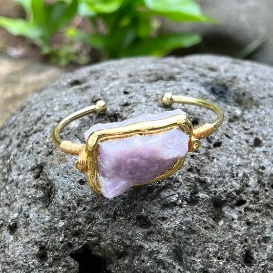 Moon Child Kunzite Rough Gold Bangle Cuff Bracelet