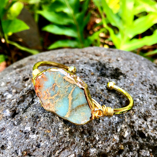 Ocean Jasper Gemstone Gold Bangle Cuff Bracelet "Ocean Energy ~ Calming Mind, Body, Spirit"